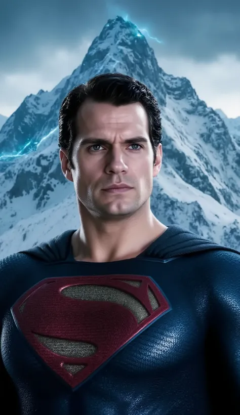 Henry Cavil in a suit focus on his face mega real background with frozen mountains in neon