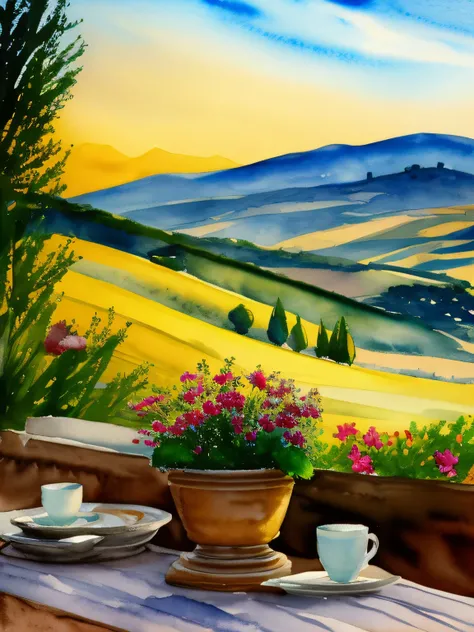 A rustic table on a stone balcony overlooking the Tuscan countryside. A ceramic cup of coffee, an open diary, and a vase with wildflowers. Hills rolling in the background under a soft golden sky. Watercolor style with expressive brushstrokes, vintage tones...