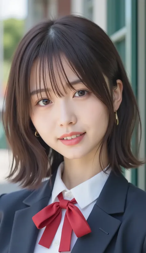 igh school girl、 1 Pretty Woman、Japanese Idol、droopy eyes、Tear Mole、has a charming cute smile、Ideal proportions、high school girl、navy blue blazer、White Shirt、red ribbon bow tie、Small neck slanted 、schools、masterpiece、歯を見せた笑顔、バストアップショット、Ultra HD、Extreme Res...