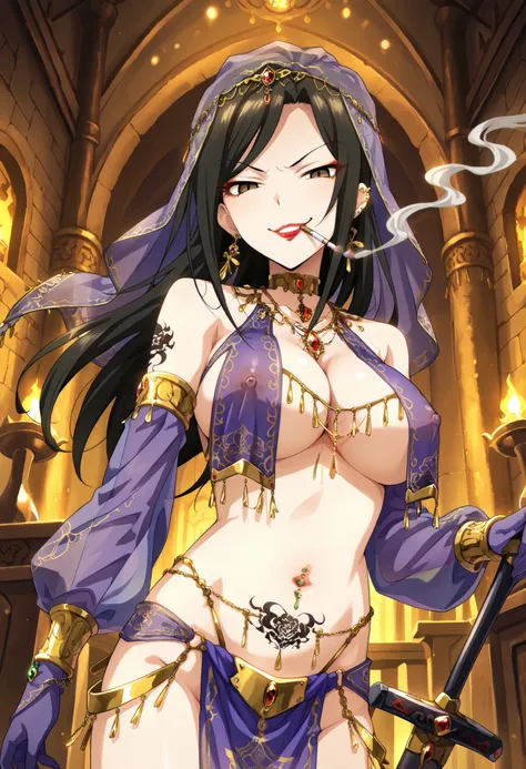 score_9, score_8_up, score_7_up, source_anime,mukai takumi, long hair, black hair, hazel eyes, 1girl, smirk, red lips, , bad attitude, mean girl, , ear piercing, long hair, , lipstick, Hot girl, baddie, smoking, sensual, attractive , cross necklace, choker...