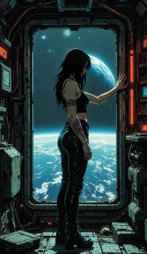 [Background art]] A futuristic, cyberpunk-style spaceship with a dark, retro atmosphere, inspired by 90s anime. An empty room inside a ship with a huge window overlooking space. The rectangular window reveals the dark space and the curvature of the Earth. ...