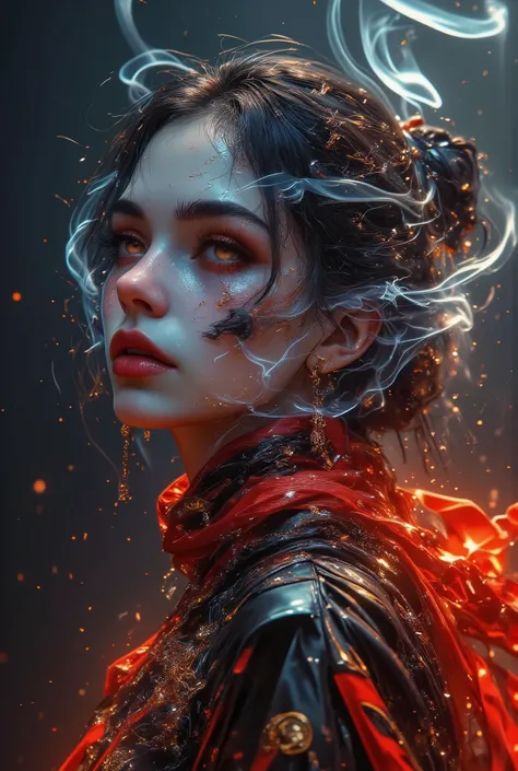 a woman portrait, smoke sculpture, flowing fabrics, delicate ink washes, dance, juliana nan, clear and crisp, mandy disher, movement and spontaneity captured, beautiful detailed eyes, beautiful detailed lips, extremely detailed eyes and face, long eyelashe...