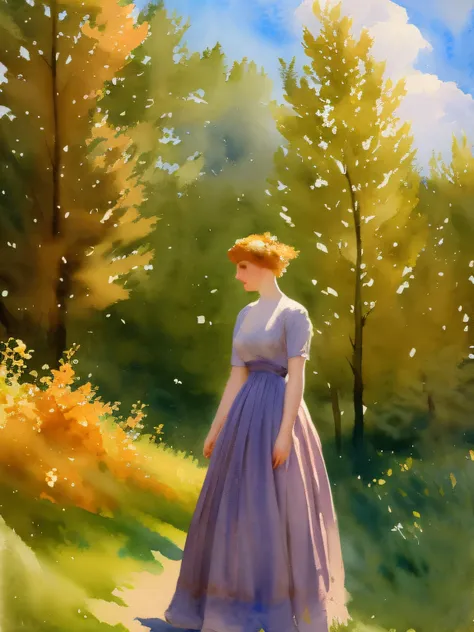 A solitary woman standing with her back turned, in a golden autumn forest, wearing a flowing vintage dress. The trees are tall and bare, with leaves falling gently. Realistic watercolor style, visible brushstrokes, subtle paper texture, warm muted tones, s...