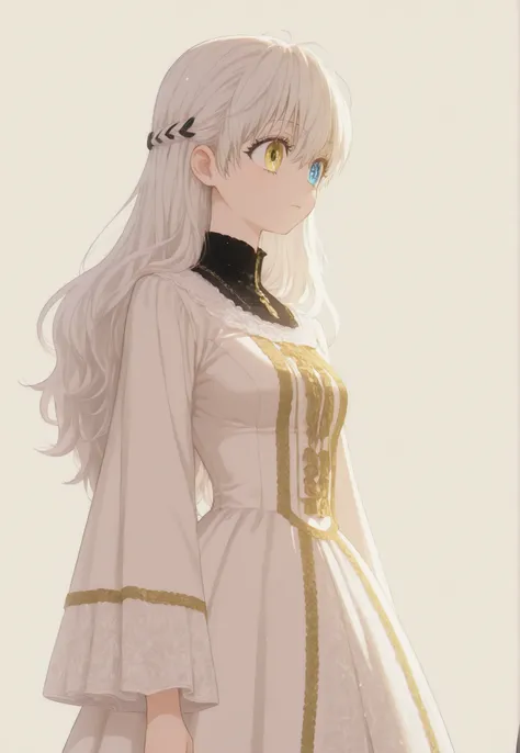 masterpiece, newest, HD Quality, safe, good anatomy, good lighting, , good resolution, beautiful, anime. long white hair.  heterochromia:Sky blue right eye and Yellow Gold left eye, glitter on the eyes, dark eyelashes, piel clara, slim build, Medium Breast...