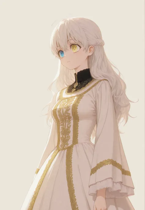 masterpiece, newest, HD Quality, safe, good anatomy, good lighting, , good resolution, beautiful, anime. long white hair. heterochromia:Sky blue right eye and Yellow Gold left eye, glitter on the eyes, dark eyelashes, piel clara, slim build, Medium Breast...