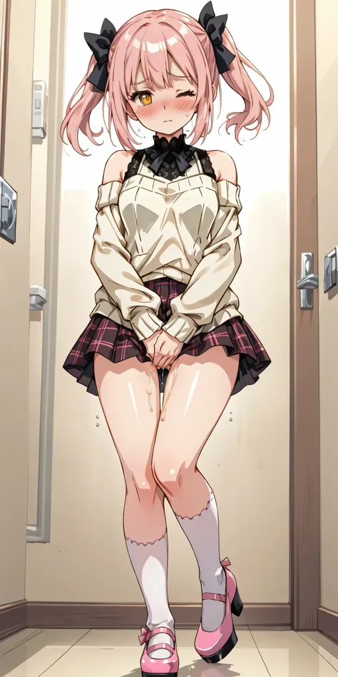 SIGMA 200 mm F/1.8, 1/100 sec shutter, award-winning photo, beautiful medium breasts, shiny skin, chin-length bob, (have to pee), Disheveled hair, (Holding pee uneasy expression), (Truly urgent in deep panting), (in crowded woman restroom, she coercion to ...