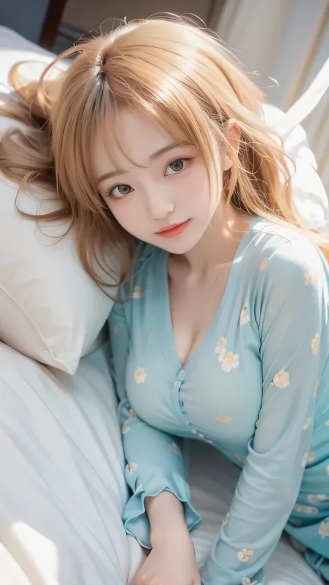 beautiful girl in anime style、relaxing on the bed with her head resting on a soft pillow、Enchanting Poses、Modest smile、flowing hair that floats comfortably、Delicate Expression、relaxed atmosphere、digital art、precise texture、high resolution、realistic shading...