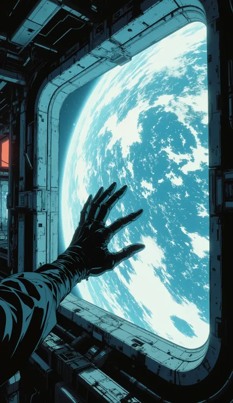 A 90s-style anime scene. A close-up of a woman's hand with black leather gloves. She's wearing a black tank top. Viewed from above, the hand is touching the glass of a huge, rectangular window of a spaceship. The glass gently reflects the touching hand, a ...