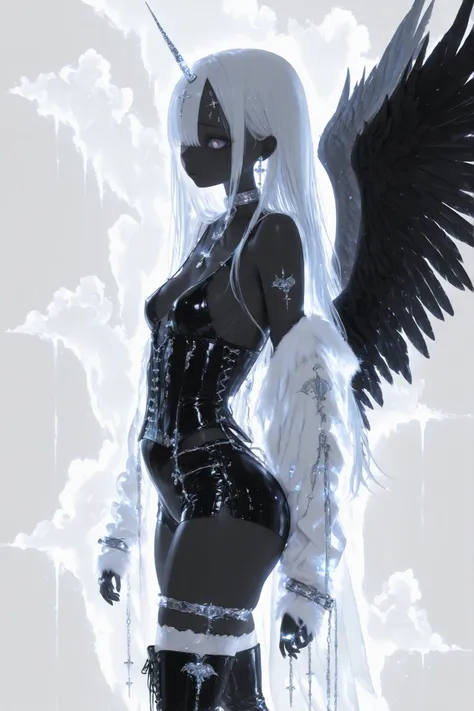 The girl is a fallen Seraph. Her long straight hair is jet black, highlighted with white strands,half bangs ower her eyes. her eyes are dark black with white crosses pupils. She has black-grey skin and pointed ears. on her skin she has a tattoo of the sil...