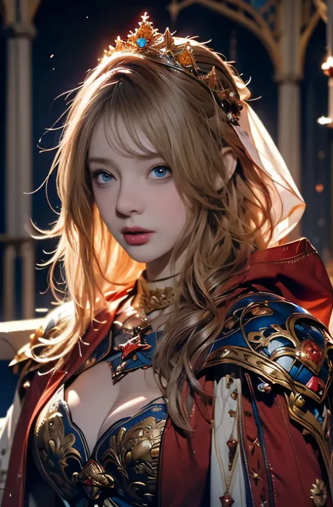  princess, Full body, wearing a hijab , crown luxury , blue eye, blond hair, around 17 years old, (red silver hijab), tmasterpiece，Best quality at best，A high resolution，8K，((Portrait))，(upper body)，Original photo，real photograph，digital photography，(Femal...