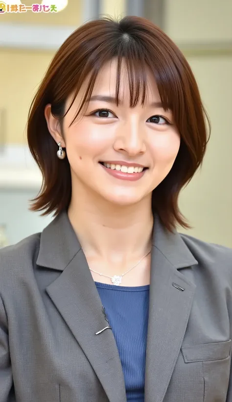 Neat Young Woman、and look at the camera、office lady suit、jacket、shirt、ネックレス、、ear piercing、、smile showing teeth、背景はオフィス
