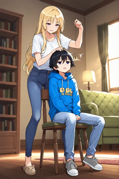 masterpiece, best quality, ultra detailed, 1 young man, teen boy, sitting pose, casual wear, blue hoodie, relaxed jeans, sneakers, hypnotized expression, half-nclosed eyes, empty eyes, relaxed shoulders, sitting on wooden chair, the young man in in a tranc...