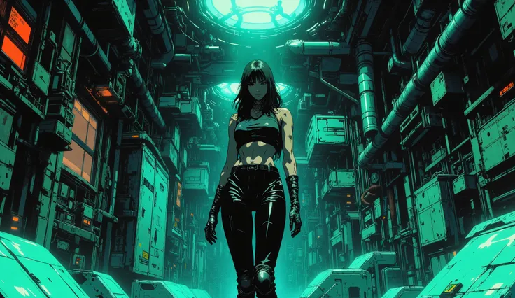 [[Anime Scene]] Masterpiece, The setting of a futuristic spaceship, cyberpunk style, with a dark and retro atmosphere, inspired by 90's anime. An empty room inside a ship, A woman with a very beautiful and sexy body, she is tall and has a sexy body, she is...