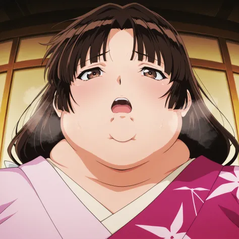 anime screencap, score_9, score_8_up, score_7_up, source_anime BREAK sango, 1girl, solo, brown hair, parted bangs, low-tied long hair, brown eyes, pink kimono, wearing a kimono
,masterpiece,best quality,amazing quality,bulging belly, fat, chubby, obese, op...