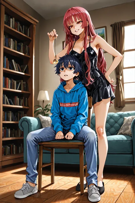 masterpiece, best quality, ultra detailed, 1 young man, teen boy, sitting pose, casual wear, blue hoodie, relaxed jeans, sneakers, hypnotized expression, half-closed eyes, empty eyes, relaxed shoulders, sitting on wooden chair, the young man in in a trance...