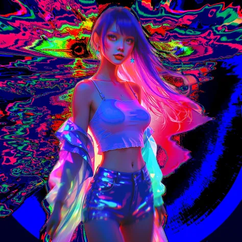 A woman stands confidently amidst a vibrant, psychedelic backdrop that resembles swirling, kaleidoscopic patterns. The color palette is daring and luminous, dominated by neon reds, blues, greens, and purples, with splashes of glittering light creating a dy...
