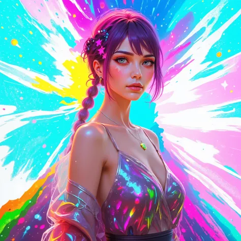 A woman with shoulder-length purple hair is visible against a vibrant, colorful background that explodes with hues of blue, pink, and yellow, creating a dynamic, visually striking effect. Her hair is adorned with small star-shaped accessories, adding to th...