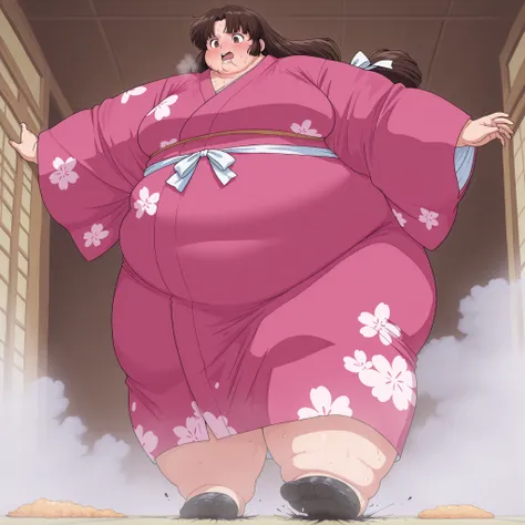 anime screencap, score_9, score_8_up, score_7_up, source_anime BREAK sango, 1girl, solo, brown hair, parted bangs, low-tied long hair, brown eyes, indoors, pink kimono, wearing a kimono, round face chubby cheeks   anime style,  fat, chubby, obese, ,, small...