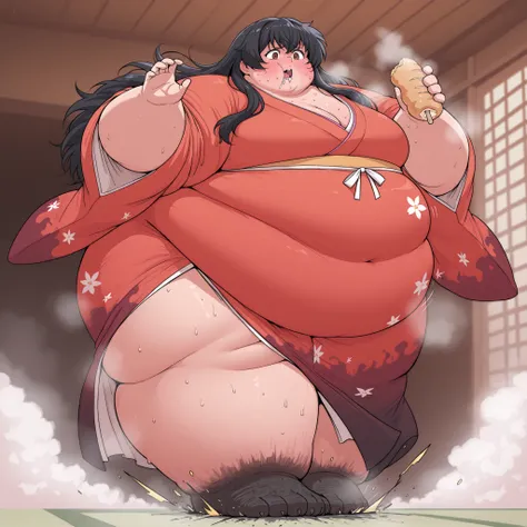 score_9, score_8_up, score_7_up, score_6_up, score_5_up, score_4_up, BREAK, source_anime, 1girl, kagomehigurashi, bangs, black hair, long hair, brown eyes, wearing a kimono, indoors, wearing a kimono, round face chubby cheeks   anime style,  fat, chubby, o...