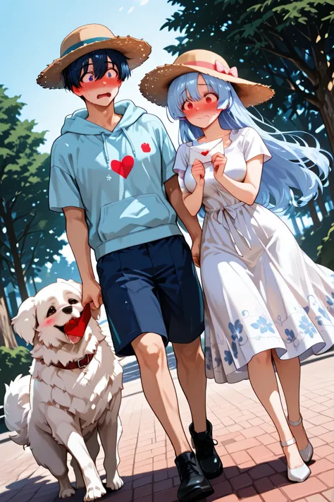 Dusk, park, boy and girl, boy and girl facing each other, handing over a love letter, cute face, girl in a white dress, floral dress, girl wearing a straw hat, girl walking a dog, dog holding a letter in its mouth, love letter with a heart sticker, dog hol...