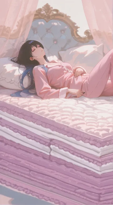 [海艺AI参数]
-p "masterpiece,ultra HD,anime illustration,
(raven-haired beauty:1.7) in matte powder blue silk pajamas, 
sleeping atop exactly 20 minimalist mattresses, 
extreme bird's-eye view emphasizing mattress stack height, 
soft pastel gradient: baby pink...