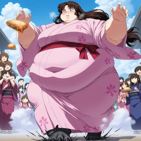 anime screencap, score_9, score_8_up, score_7_up, source_anime BREAK sango, brown hair, parted bangs, low-tied long hair, brown eyes, outside, pink kimono, wearing a kimono, round face chubby cheeks   anime style,  fat, chubby, obese, ,, small eyes, ,  , f...