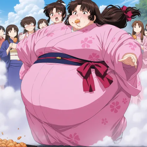 anime screencap, score_9, score_8_up, score_7_up, source_anime BREAK sango, brown hair, parted bangs, low-tied long hair, brown eyes, outside, pink kimono, wearing a kimono, round face chubby cheeks   anime style,  fat, chubby, obese, ,, small eyes, ,  , f...