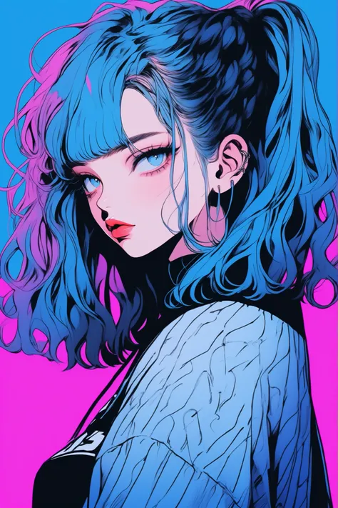 (best quality, sketch:1.2),realistic,illustrator,anime,1 girl, detailed lips, sweater, custom, blue gradient background, neon hair, pigtails,  blunt bangs, textured cropping, masterpiece, style retro classic, noir dark 