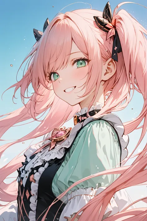 White Frill Dress,gothic style, Magical Girl, twin tails, wind, Floating Hair, Long Hair, gradient background,Blue Sky, Bang, mint green eyes, upper body, ((( Pink Gold Hair ))), asymmetrical left and right, masterpiece, top quality,Watch Viewer...