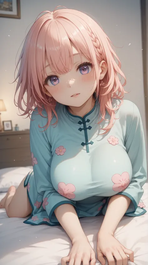 (masterpiece, top quality, best quality)、photoreality、Ultra High Definition、girls, Chinese dress、cute, summer, bed, (Face Down)、Sunshine, high resolution, Super Detailed、Blush、Staring fascinatingly 、(big breasts、 cleft)、untidy pajamas that make you stretch...
