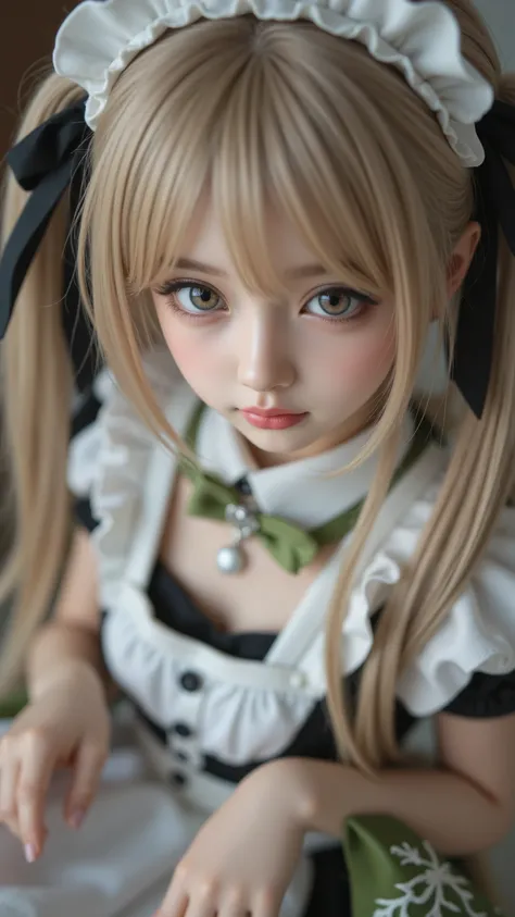 table top, (top quality, best quality, masterpiece), figure, 非常にdetails, details, high resolution, 8K Wallpaper, 完璧なダイナミックな構figure, ((close:1.3, from above, View your viewers)), beautiful fine detail , (Wearing a cotton maid outfit, , cute ruffle girl dres...