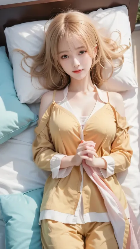 beautiful girl in anime style、relaxing on the bed with her head resting on a soft pillow、Enchanting Poses、Modest smile、flowing hair that floats comfortably、Delicate Expression、relaxed atmosphere、digital art、precise texture、high resolution、realistic shading...