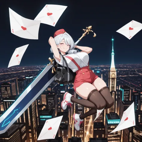 masterpiece, best quality, ultra detailed, anime style, adult large-breasted woman, sfw, post office hat, white short-sleeve t-shirt, suspender shorts, black stockings, sneakers, post office bag, clearly floating high in air, dynamic crouching pose, holdin...