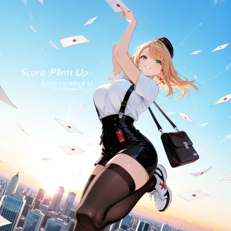 masterpiece, best quality, ultra detailed, anime style, adult woman, large breasts, sfw, post office hat, white short-sleeved t-shirt, suspender shorts, black stockings, sneakers, post office shoulder bag, floating in air, dynamic crouching pose, holding a...