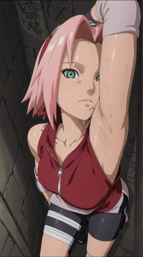 anime - style image of a sweaty woman with a pink hair and a red top posing sensualy in the back alley's wall of the konoha village, sakura haruno, haruno sakura, 2d anime art style, inspired by Hirosada II, sakimi chan, glamorous sakura haruno portrait, a...