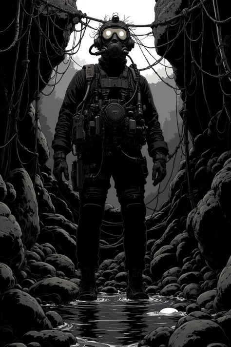 silhouette of a scuba diver in a black and white photo, Deep Sea Diver, SVG vector art, 1024x1024, scuba diving, Diver is under the sea, Diver is under the sea,Illuminate the dark with lights、 vector SVG art , SVG illustration , diving suit, SVG art , o...