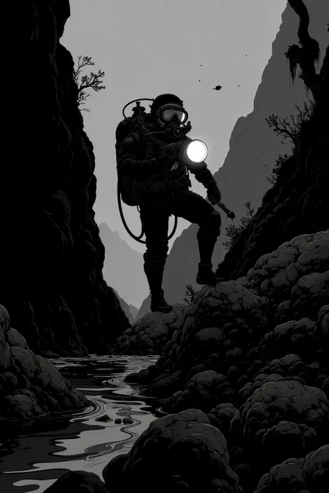 silhouette of a scuba diver in a black and white photo, Deep Sea Diver, SVG vector art, 1024x1024, scuba diving, Diver is under the sea, Diver is under the sea,Illuminate the dark with a flashlight、 vector SVG art , SVG illustration , diving suit, SVG ar...