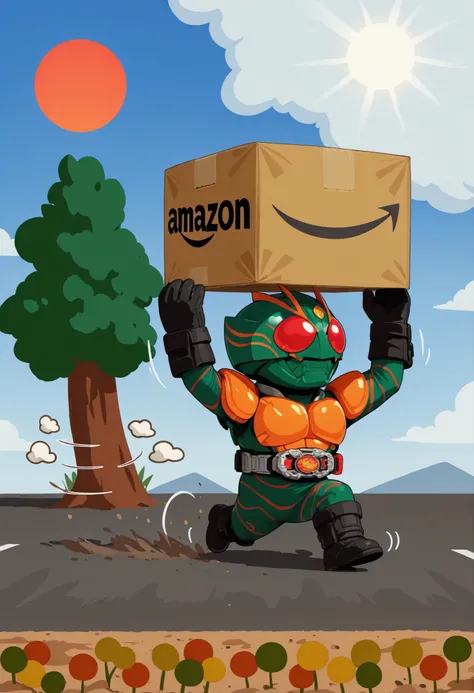 comic style, chibi, solo, no humans, SD_HERO, kamen_rider_amazon, red lines green face, red solid eyes, orange chest plate, red lines green skin tight, black gloves, rider belt, black boots, running, arms up, lift up cardboard box, Amazon cardboard box, mo...