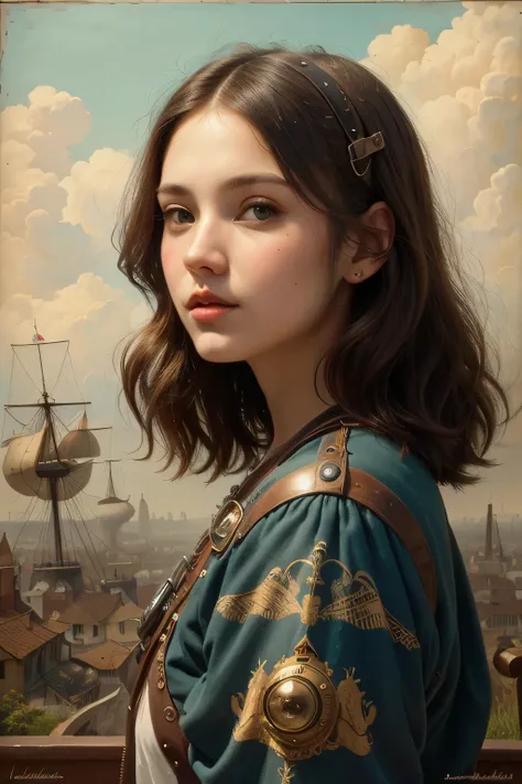 401 ((A 17-year-old woman )),(short hair),(Neat hair),(Ultra High Definition),(Airship Pilots),( Steampunk Airship ),(Leonardo da Vinci Style Paintings)