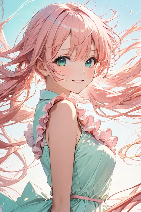 light pink ruffle dress, Magical Girl, twin tails, wind, Floating Hair, Long Hair, gradient background,Blue Sky, Bang, mint green eyes, upper body, ((( Pink Gold Hair ))), asymmetrical left and right, masterpiece, top quality,Watch Viewers,kind ...