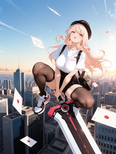 masterpiece, best quality, ultra detailed, anime style, adult large-breasted woman, sfw, post office hat, white short-sleeve t-shirt, suspender shorts, black stockings, sneakers, post office bag, clearly floating high in air, dynamic crouching pose, holdin...