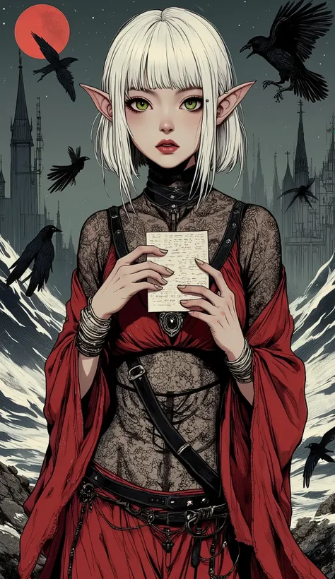 (A fusion of Ukiyo-e and dark fantasy. Aesthetic and gothic digital art. Draw a detailed face. Look away.) BREAK (White hair. Blunt bangs. White eyebrows. Long white eyelashes. Almond-shaped eyes. Eyes that shine like green neon. Thick, dark eyeliner. Smal...