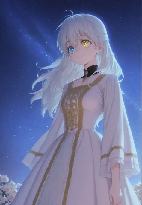 masterpiece, newest, HD Quality, safe, good anatomy, good lighting, , good resolution, beautiful, anime. long white hair. heterochromia:Sky blue right eye and Golden Yellow left eye, glitter on the eyes, genuine smile. dark eyelashes, piel clara, slim bui...