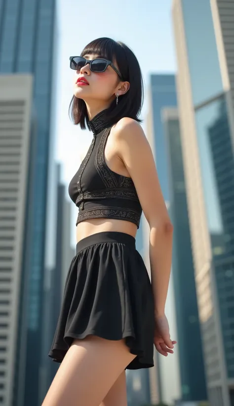 8k, masterpiece, top quality, Full Body, Woman, ,blush a little and laugh、dark hair, blunt bangs, up hair, Fair skin, labret earrings by ak, ear earrings, wearing dark sunglasses, dark colored halter neck top with pattern, miniskirt、High Heels、Head tilted ...
