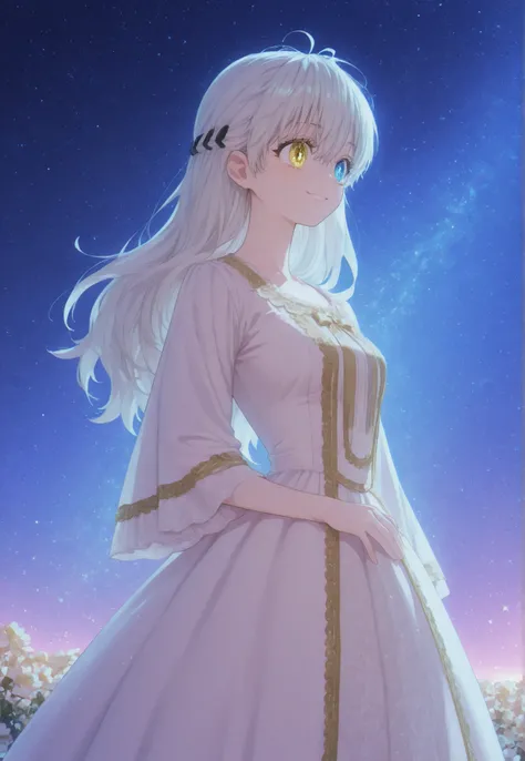 masterpiece, newest, HD Quality, safe, good anatomy, good lighting, , good resolution, beautiful, anime. long white hair.  heterochromia:Sky blue right eye and Golden Yellow left eye, glitter on the eyes, genuine smile. dark eyelashes, piel clara, slim bui...