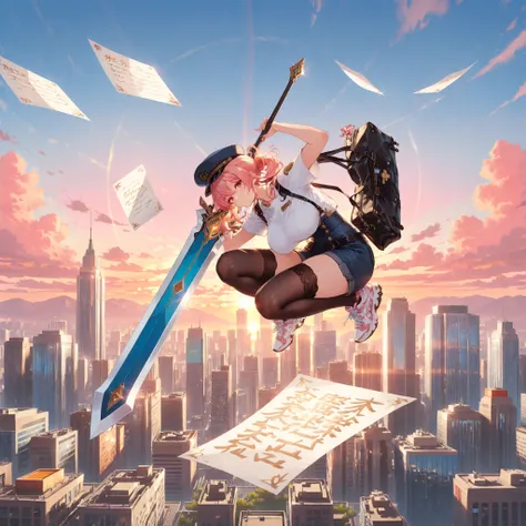 masterpiece, best quality, ultra detailed, anime style, adult large-breasted woman, sfw, post office hat, white short-sleeve t-shirt, suspender shorts, black stockings, sneakers, post office bag, clearly floating high in air, dynamic crouching pose, holdin...