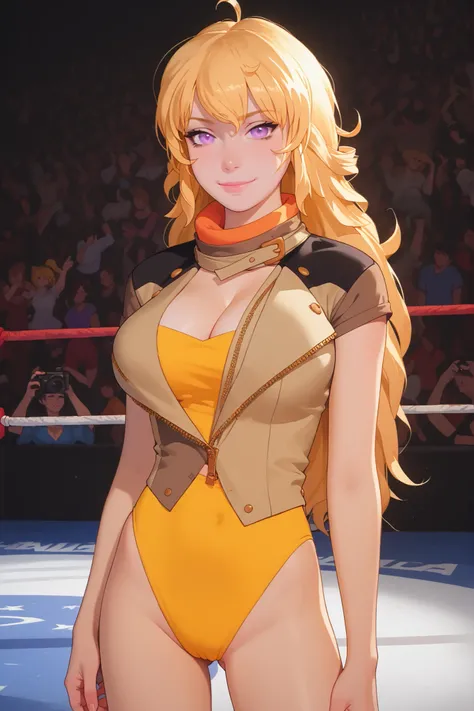 Yang xiao long from rwby, very long blonde hair, purple eyes, large breasts, slim body, thin legs, wrestling, yellow leotard, looking straight into the camera with a teasing gaze, soft natural light, sensual pose, intimate mood, confident expression, confi...