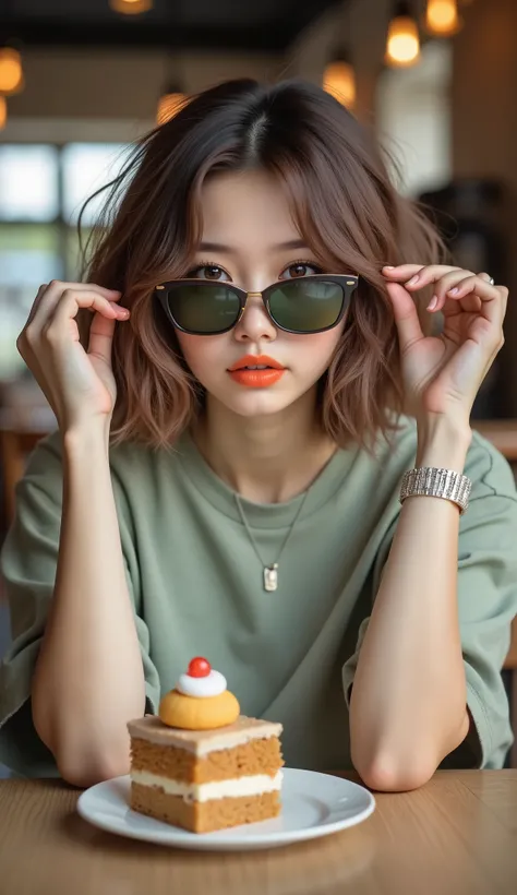 8k, masterpiece, top quality, Medium long shot, Slightly lower angle, Short、woman with tousled, voluminous brown hair, wearing slender dark green cat eye sunglasses, orange coral lipstick, staring straight at the camera, Cool neutral look, raising hands an...