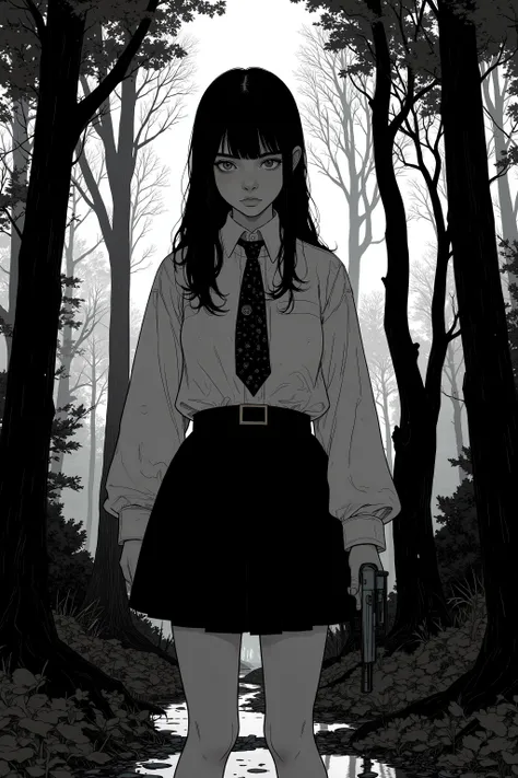 silhouette of a Japanese high school girl holding a handgun in the black and white photo,Darkness、In the misty forest 、scared,Vigilance、SVG vector art, 1024x1024、 vector SVG art , SVG illustration , SVG art , black and white vector art