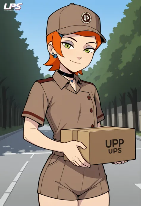 Gwen Tennyson . ginger . short hair . green eyes . flat breasts, flat chest, huge hips . slim body . choker . | masterpiece, best quality, best anatomy, 1girl, solo, earrings, necklace, voluptuous, curvy, ((ups_uniform, brown shirt, collared shirt, brown s...